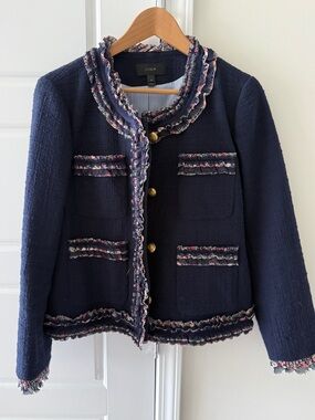 J.Crew Navy Tweed Lady Jacket Liberty Floral Ruffle Trim Gold Buttons Size 14